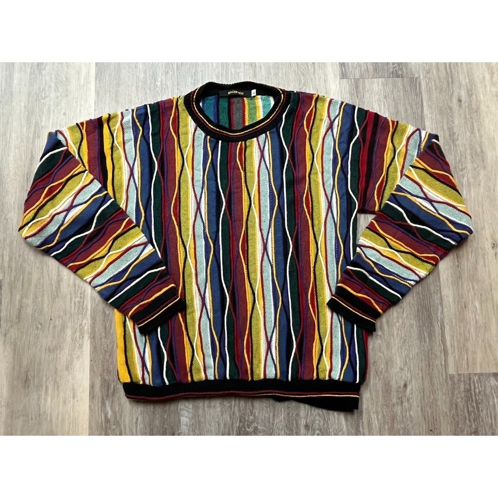 Vintage 80s Bachrach Raised Hand Knit Rainbow Cosby Coogi-Lite Sweater L
